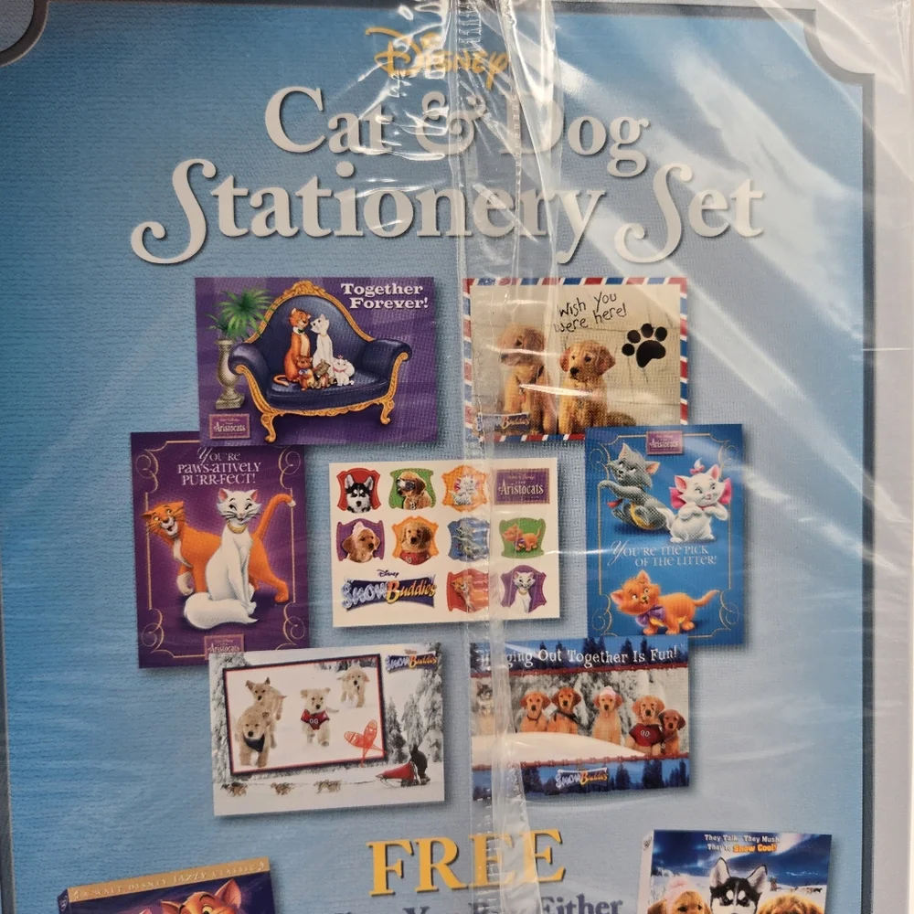 Bundle Of 3 Disney Cat & Dog Stationary Cards Sticker Aristocats Snow Buddies